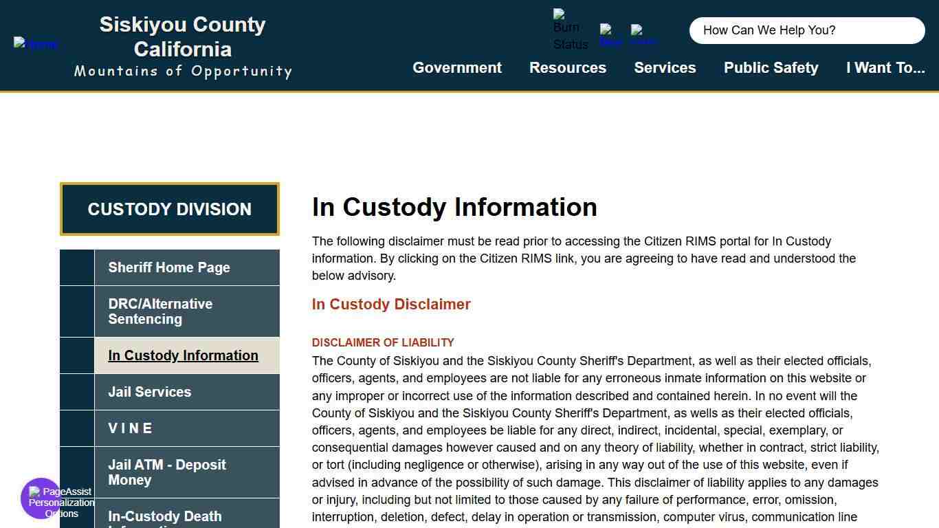 In Custody Information | Siskiyou County California