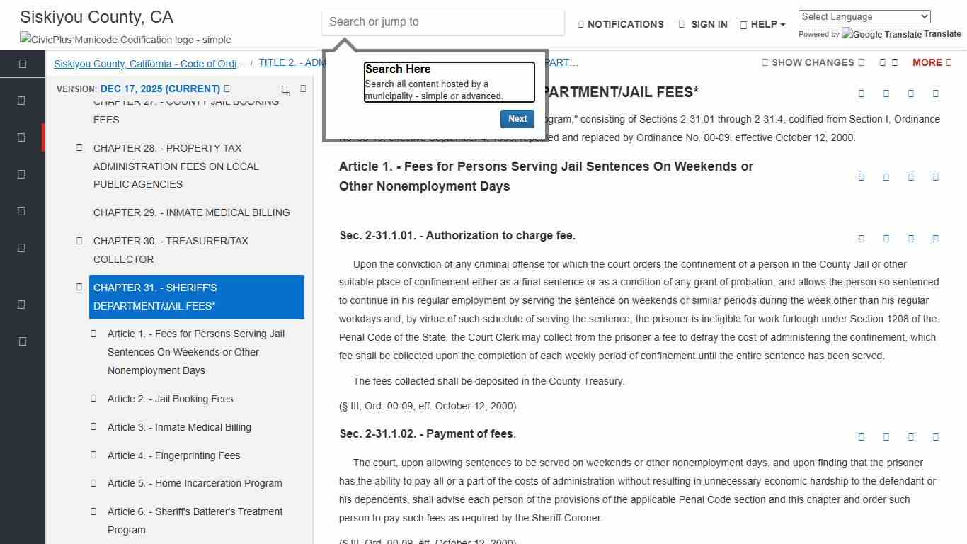 CHAPTER 31. - SHERIFF'S DEPARTMENT/JAIL FEES* | Code of Ordinances | Siskiyou County, CA | Municode Library