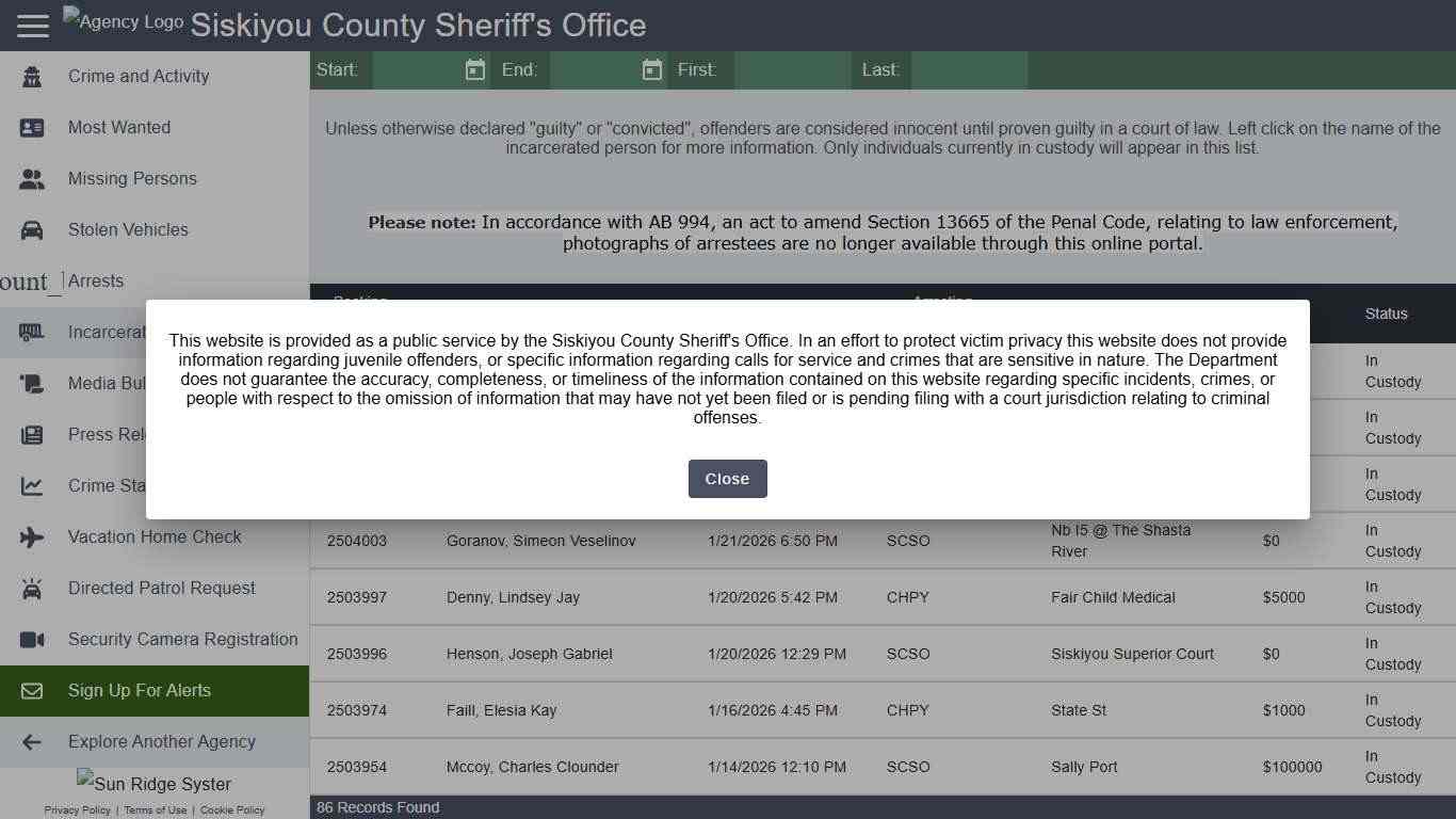 Siskiyou County Sheriff's Office - Incarcerated People