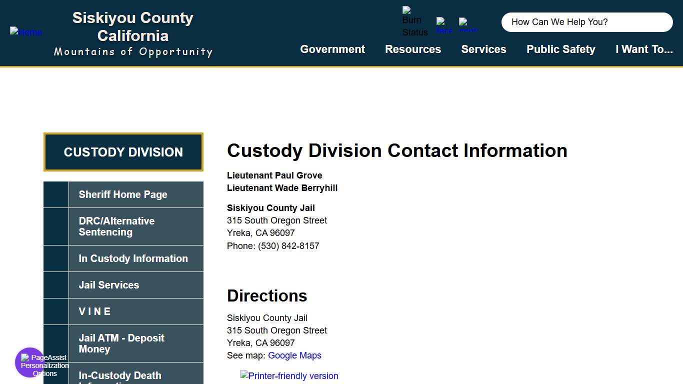 Custody Division Contact Information | Siskiyou County California