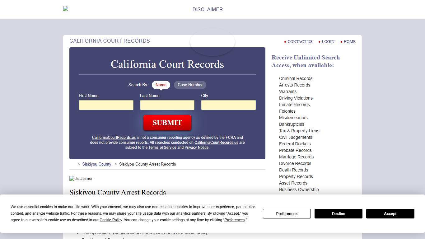 Siskiyou County Arrest Records | CaliforniaCourtRecords.us